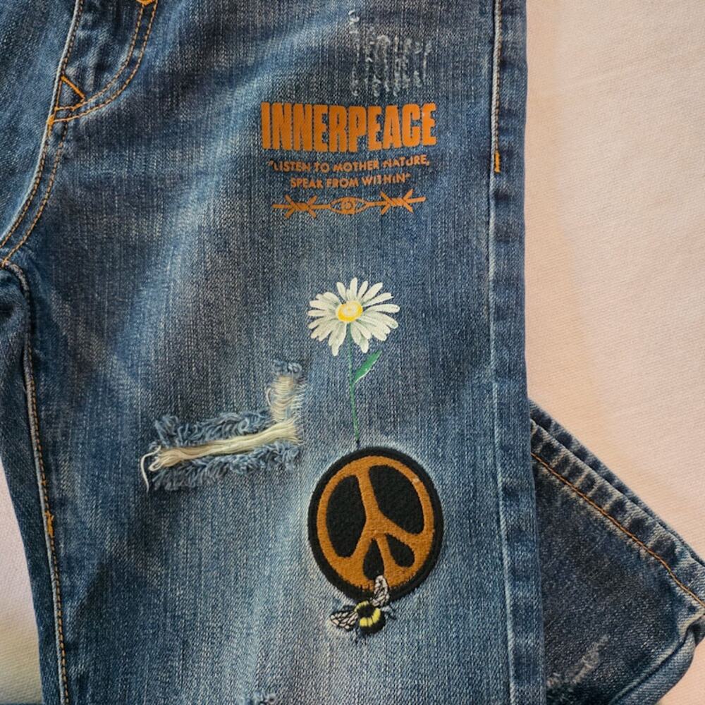 Forever 21 Men's Slim Fit Patch Jeans 32 Peace Embroidered Painted Streetwear - Picture 5 of 13